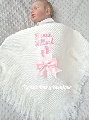 Personalised Baby Shawl Blanket with Ribbon & Baby Feet