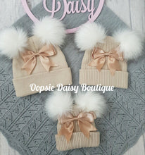 Load image into Gallery viewer, Girls Beige Knitted Pom Pom Hats &amp; Scarf with Ribbon Sizes 0-6yrs