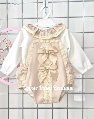 Girls Caramel Beige Ribbon Romper & Blouse Set