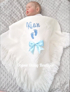 Personalised Baby Shawl Blanket with Ribbon & Baby Feet