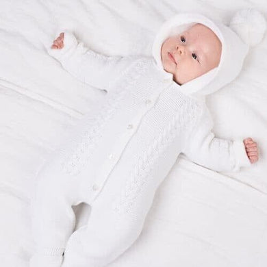 White Knitted Hooded Pram suit All In One - Dandelion