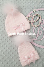 Load image into Gallery viewer, Baby Girls Lovely Pink Knitted Pom Pom Hat with Ribbon