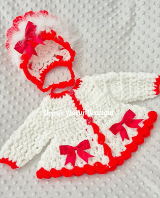 Baby Girls Crochet Pretty Cardigan & Bonnet Set, Size 0-3mth