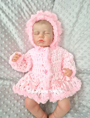Baby Girls Crochet Pretty Cardigan & Bonnet Set, Size 0-3mth