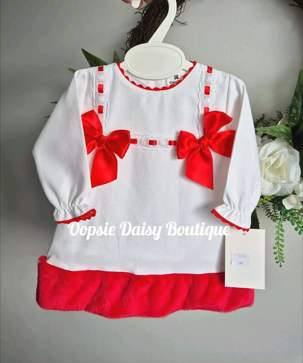 Girls Pretty White & Red Ribbon Fur Trim Dress