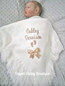 Personalised White Baby Shawl Blanket with Ribbon & Baby Feet x 6 Colours