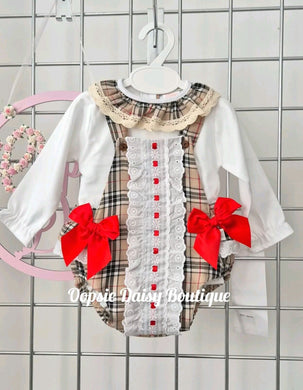 Girls Caramel Tartan Ribbon Romper & Blouse Set