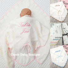 Load image into Gallery viewer, Personalised Baby Shawl Spanish Knitted Ribbon Blanket