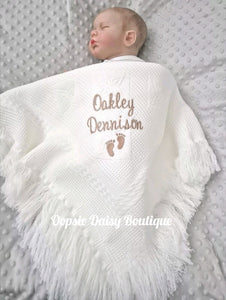 Personalised White Baby Shawl Blanket with Baby Feet x 6 Colours