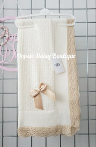 Cream Baby Knitted Shawl Blanket Lace Trim