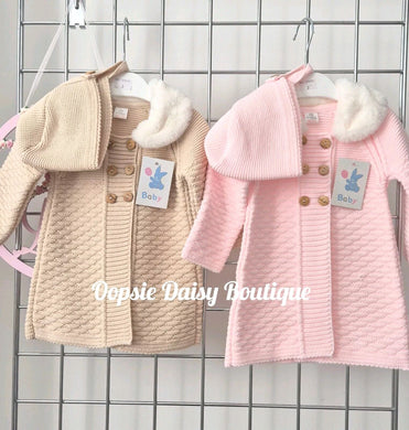 Girls Knitted Pram Coat Fur Collar Coatigan & Matching Bonnet