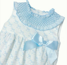 Load image into Gallery viewer, Girls Blue Rocking Horse Romper with Smocking