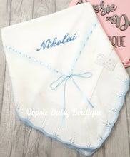 Load image into Gallery viewer, Personalised Baby Shawl Spanish Knitted Ribbon Blanket