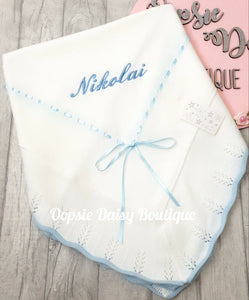 Personalised Baby Shawl Spanish Knitted Ribbon Blanket