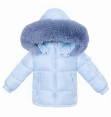 Boys Blue Puffer Coat with Faux Fur Hood