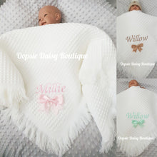 Load image into Gallery viewer, Personalised Baby Shawl Blanket with Ribbon Christening Shawl