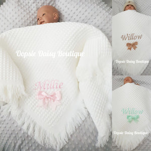 Personalised Baby Shawl Blanket with Ribbon Christening Shawl