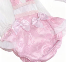 Load image into Gallery viewer, Girls Pink Ribbon Romper &amp; Blouse Set