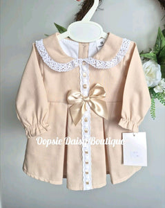 Girls Pretty Caramel Ribbon Waffle Dress