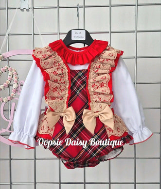 Girls Red Ribbon Romper & Blouse Set