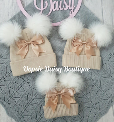 Baby Girls Lovely Knitted Pom Pom Hats with Ribbon Sizes 0-6yrs