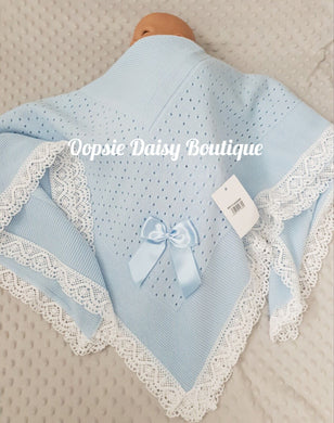 Blue Baby Knitted Shawl Blanket Lace Trim