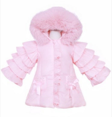 Girls Pink Puffer Coat with Faux Fur Hood