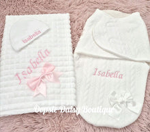 Load image into Gallery viewer, Personalised Baby Blanket,Swaddle Nest &amp; Hat Set