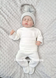 Boys White Knitted Trouser Suit Dandelion Hats available separately Oopsie Daisy Baby Boutique