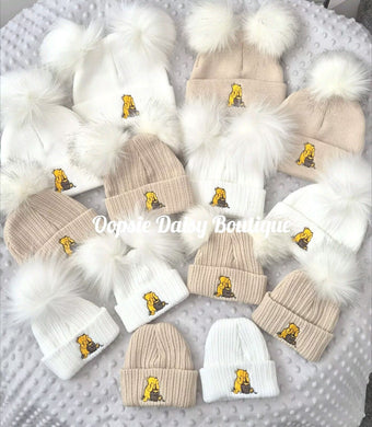 Winnie The Pooh Knitted Hats Boys Girls Pom Pom Hats Size 0-6yrs