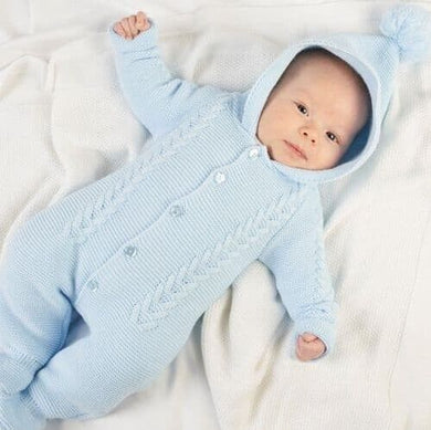 Blue Knitted Hooded Pram suit All In One - Dandelion