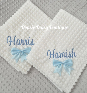 Personalised White Baby Blanket Supersoft Waffle Design with Ribbon