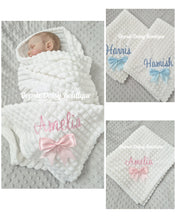 Load image into Gallery viewer, Personalised White Baby Blanket Supersoft Waffle Design with Ribbon