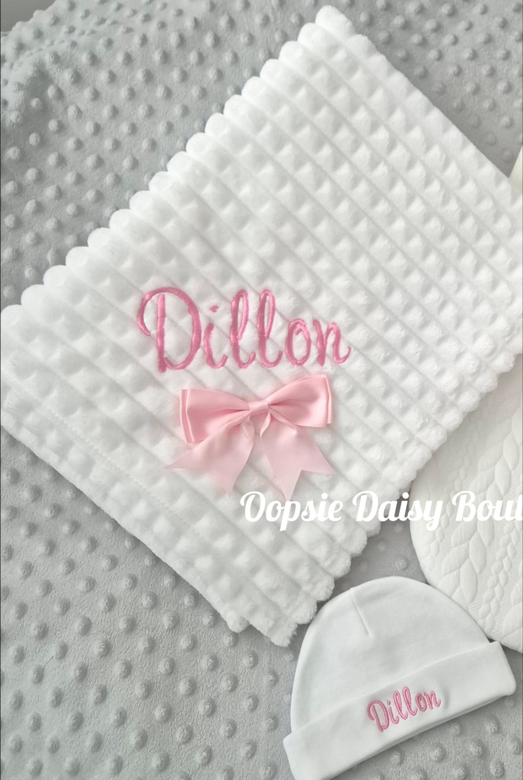 Personalised Baby Blanket & Hat Set , Supersoft Waffle Design with Ribbon