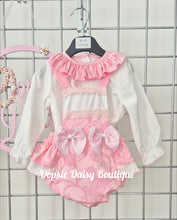 Load image into Gallery viewer, Girls Pink Ribbon Romper &amp; Blouse Set