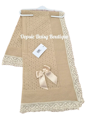 Caramel Beige Baby Knitted Shawl Blanket Lace Trim