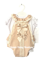 Load image into Gallery viewer, Girls Caramel Beige Ribbon Romper &amp; Blouse Set