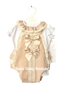 Girls Caramel Beige Ribbon Romper & Blouse Set