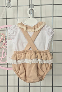 Girls Caramel Beige Ribbon Romper & Blouse Set