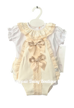 Load image into Gallery viewer, Girls Cream Ribbon Romper &amp; Blouse Set