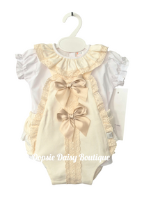 Girls Cream Ribbon Romper & Blouse Set