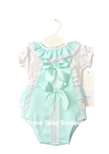 Load image into Gallery viewer, Girls Mint Green Ribbon Romper &amp; Blouse Set