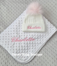 Load image into Gallery viewer, Personalised Baby Blanket &amp; Pom Pom Hat Set , Hat Size 0-12mth Blue or Pink