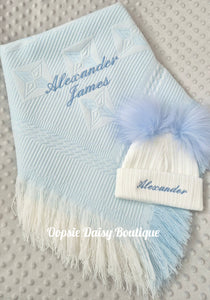 Personalised Baby Shawl & Pom Pom Hat, Size 0-12mth Blue or Pink