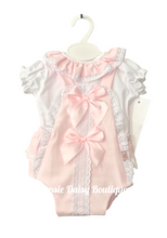 Load image into Gallery viewer, Girls Pink Ribbon Romper &amp; Blouse Set