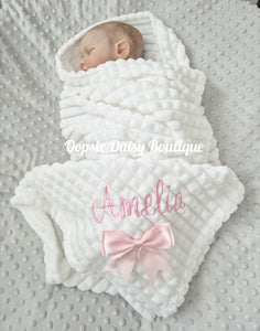 Personalised White Baby Blanket Supersoft Waffle Design with Ribbon