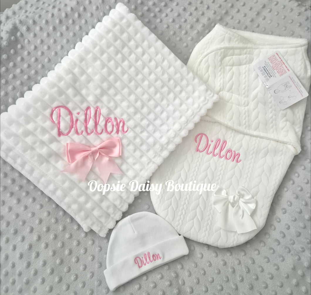 Personalised Baby Blanket,Swaddle Nest & Hat Set