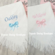 Load image into Gallery viewer, Personalised Baby Shawl Blanket with Ribbon Christening Shawl Extra Wording