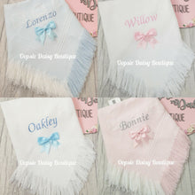 Load image into Gallery viewer, Personalised Baby Shawl Blanket with Ribbon Christening Shawl Extra Wording