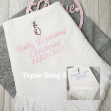 Load image into Gallery viewer, Personalised Christening Day Shawl Blanket Flopsy Bunny Peter Rabbit